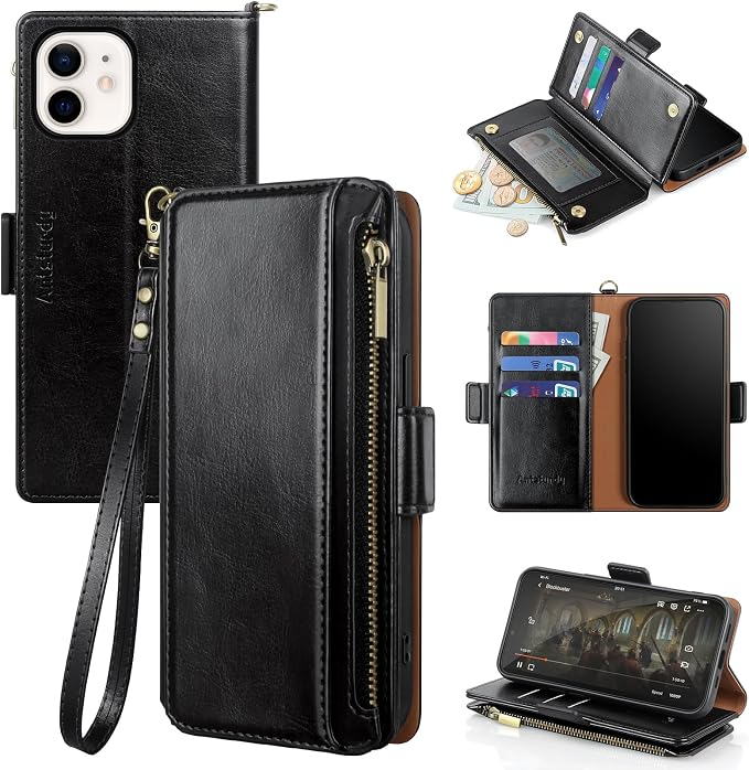 Antsturdy Compatible with iPhone 12 Wallet Case,RFID Blocking PU Leather Phone Case Women Men Kickstand Flip Cover Wrist Strap Zipper Credit Card Holder Slots,for Apple 12 Pro 6.1",Black