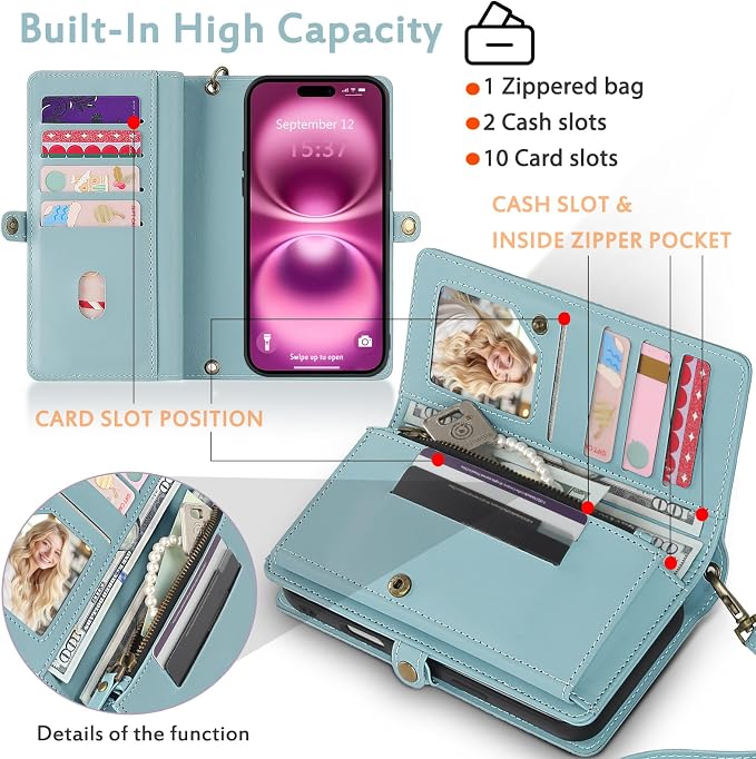 for Wallet Case Compatible with iPhone 16 Plus,Multi-Function Detachable 2 in 1 Magnetic iPhone 16 Plus Case Wallet,Flip Strap Zipper Card Holder Phone Case with Shoulder Straps (Blue)