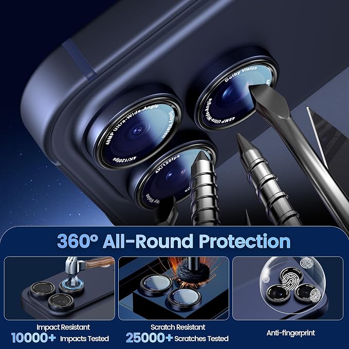 CACOE Camera Lens Protector for iPhone 17ProMax/17Pro/16ProMax/16Pro/15ProMax/15Pro/14ProMax/14Pro, [Anti-Scratch] [Drop-Proof][Strong-Adhesion] Camera Screen Cover(Dark Blue)