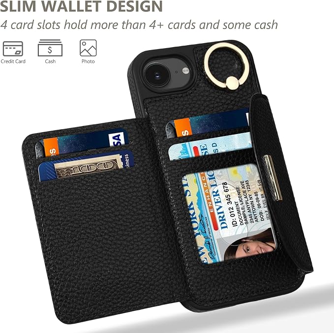 Keallce Wallet Case for iPhone 16e, Flip Case with Card Slots, Ring Holder Kickstand, PU Leather Protective Folio Cover for Women, Black