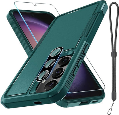 RMOCR Case for Samsung Galaxy S25 Plus, Full Body Heavy Duty Rugged Shockproof Protective Phone Cover with Lanyard Strap, Tempered Glass Screen Protector and Camera Lens Cover, Dark Green