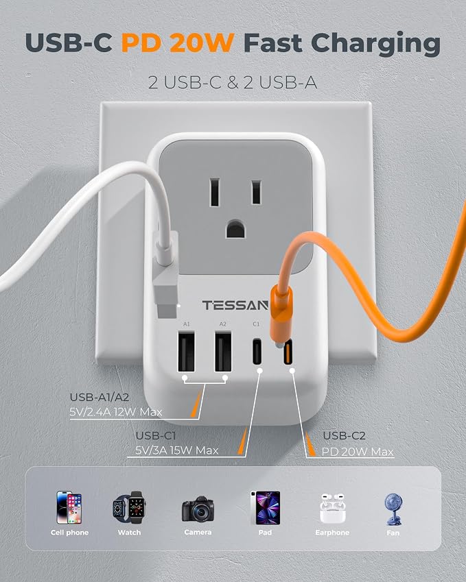 TESSAN Type F Plug Adapter 2 Pack, PD 20W South Korea Outlet Adapter with 4 AC Outlets 4 USB Ports (2 USB C), Type E Power Adaptor for US to Europe Spain Germany France Iceland Greece Russia Norway