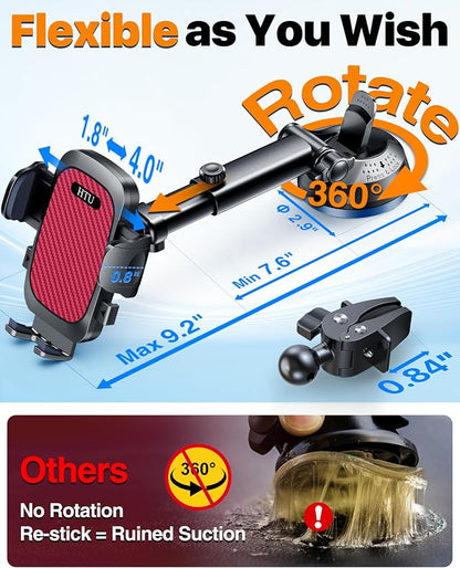 HTU 2026 Ultimate Best【True Military-Grade & Safety Cert】Car Phone Holder【Upgraded 360 Rotation & 100+LBS Strongest Suction】5-in-1 Truck Windshield Dashboard Vent Mount Stand for iPhone Android, Red