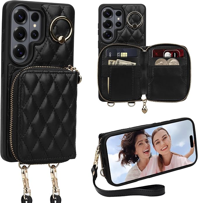 Keallce Case for Samsung Galaxy S26 Ultra 6.9'' Wallet Case,Crossbody Zipper Purse Wrist Strap Lanyard Handbag,RFID Blocking Card Slots,Flip Leather Cover for Samsung S26 Ultra,Black