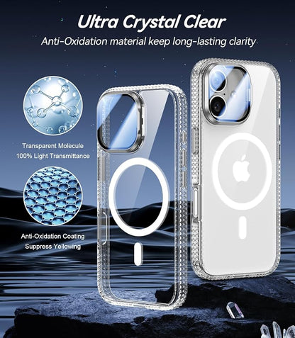 [Upgraded Full Camera Protection] for iPhone 17 Case with Camera Cover Stand [Fit for MagSafe][10FT Mil-Grade Protection] Transparent Magnetic iPhone 17 Phone Case, Clear