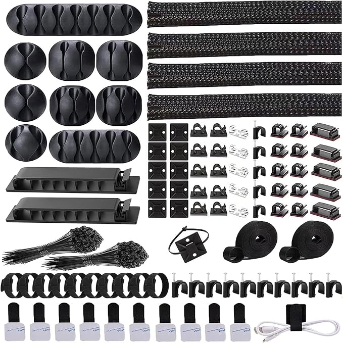 ELII 302PCS Cable Management Kit 4 Cable Sleeve,45Cable Clips | 11Cable Holders,22 Roll Cable Organizer Straps,200 Fastening Cable Ties,20 Cable Zip Tie Mounts, Computer, Under Desk