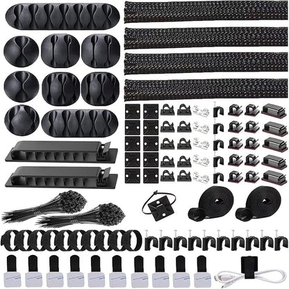 ELII 302PCS Cable Management Kit 4 Cable Sleeve,45Cable Clips | 11Cable Holders,22 Roll Cable Organizer Straps,200 Fastening Cable Ties,20 Cable Zip Tie Mounts, Computer, Under Desk