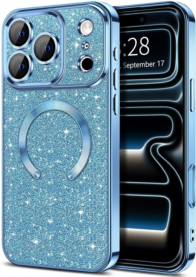 Hython for iPhone 17 Pro Max Case Glitter Clear Magnetic Phone Cases [Compatible with MagSafe] Full Camera Lens Protector Sparkle Luxury Plating Slim Shockproof Protective Cover Women, Light Blue