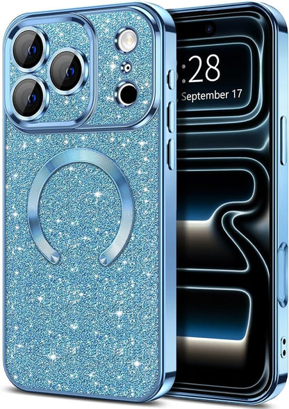 Hython for iPhone 17 Pro Max Case Glitter Clear Magnetic Phone Cases [Compatible with MagSafe] Full Camera Lens Protector Sparkle Luxury Plating Slim Shockproof Protective Cover Women, Light Blue