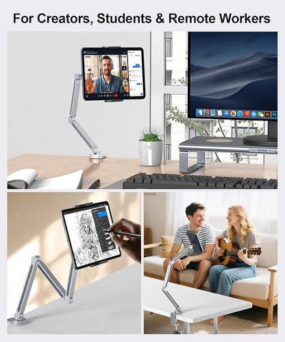 Tablet Arm Mount with Super Grip, Adjustable Foldable Holder & Heavy Duty Aluminum 360° Rotating Clamp for iPad, Phone, Monitor, Kindle - Universal for Desk, Bed, Kitchen - Silver
