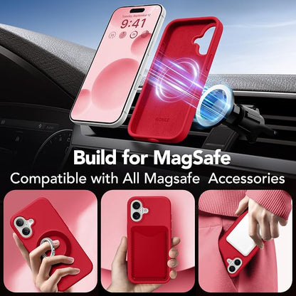 GONEZ Magnetic for iPhone 16 Case, Compatible with MagSafe, [Screen Protector + Camera Lens Protector], Liquid Silicone Shockproof Protective Phone Case for iPhone 16 6.1", Red