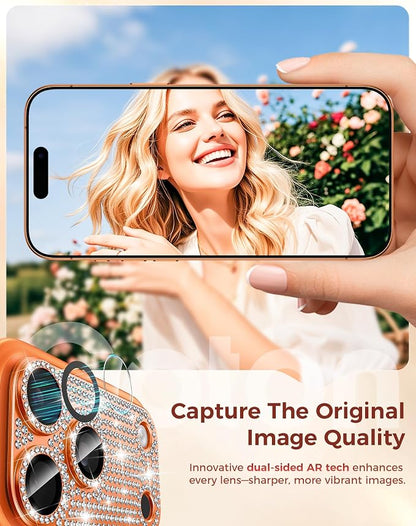 Goton for iPhone 17 Pro Max Camera Lens Protector Diamond Bling- Not Easy to Fall, Strong Adsorption, Glitter Metal Aluminum Alloy Rear Camera Screen Cover Accessories for 17 Promax, Light Orange