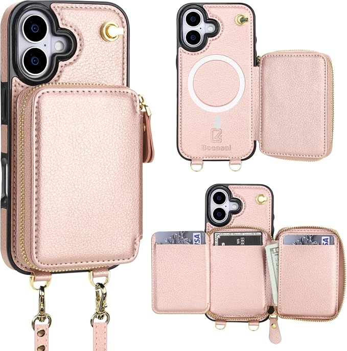 Bocasal for MagSafe Crossbody Wallet Case Compatible with iPhone 17, RFID Blocking Protective Purse Case with Card Slots Holder Kickstand Wrist Strap Lanyard Zipper 6.3 Inch 5G (Rose Gold)