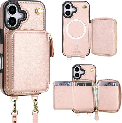 Bocasal for MagSafe Crossbody Wallet Case Compatible with iPhone 17, RFID Blocking Protective Purse Case with Card Slots Holder Kickstand Wrist Strap Lanyard Zipper 6.3 Inch 5G (Rose Gold)