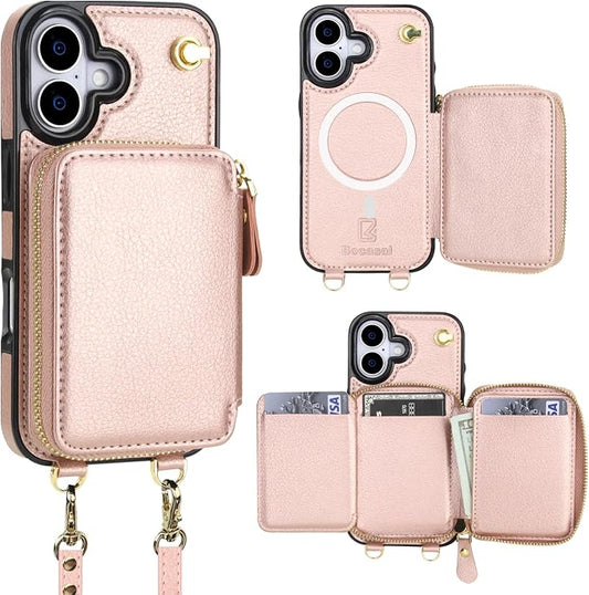 Bocasal for MagSafe Crossbody Wallet Case Compatible with iPhone 17, RFID Blocking Protective Purse Case with Card Slots Holder Kickstand Wrist Strap Lanyard Zipper 6.3 Inch 5G (Rose Gold)