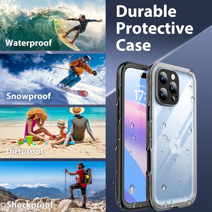 SPORTLINK for iPhone 16 Pro Max Case with Screen Protector,IP68 Underwater/6.6FT Military Dropproof/Dustproof/Heavy Duty Full Body Phone Case for Apple iPhone 16 Pro Max 6.9 inch Black/Frosted Clear
