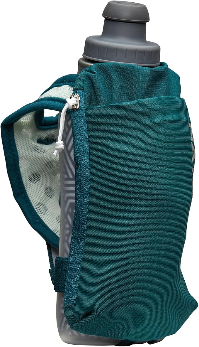 Nathan SpeedDraw 2 Insulated Handheld Running Water Bottle Flask – Double-Wall Insulation, Ergonomic Grip, Blast Valve Cap, Phone & Key Storage Pockets, Reflective Design, 12oz Insulated - Deep Teal