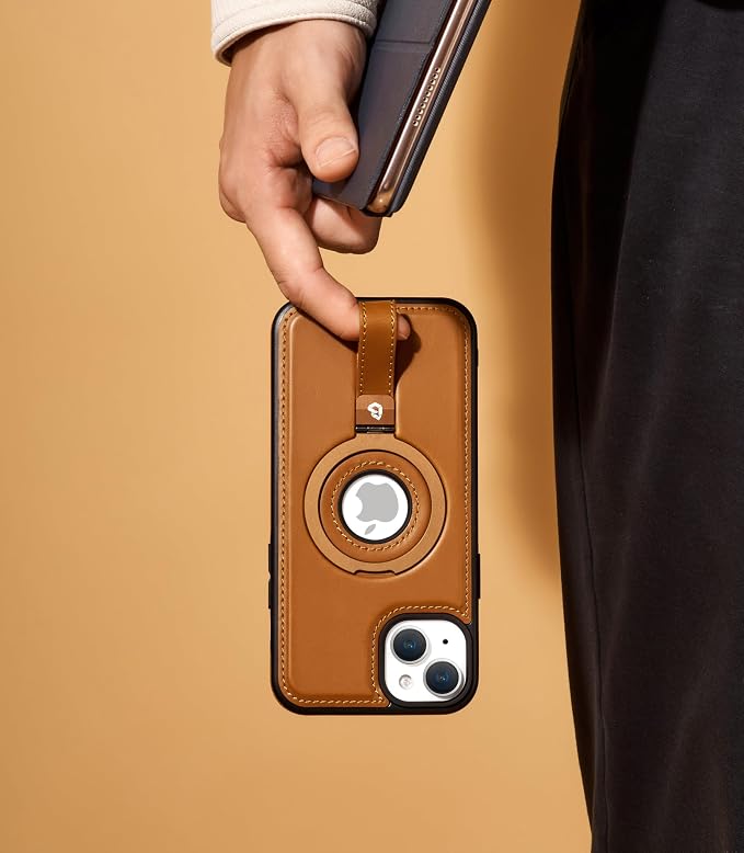 for iPhone 15 Plus/iPhone 14 Plus Leather Case with Stand, Anti-Slip Grip Ring, Fits for MagSafe (Brown, iPhone 15/14 Plus)