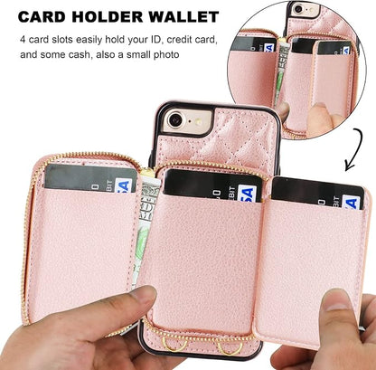 Bocasal Crossbody Wallet Case for iPhone SE 2022/SE 2020/8/7, RFID Blocking Leather Zipper Handbag Purse Flip Cover, Kickstand Folio Case with Card Slot Holder Wrist Strap Lanyard 4.7 Inch (Rose Gold)