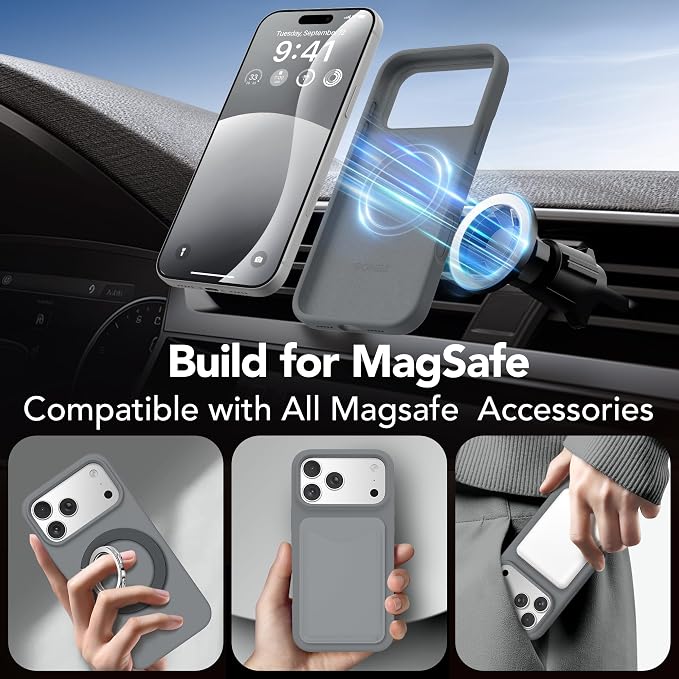 GONEZ Magnetic for iPhone 17 Pro Case, Compatible with MagSafe, [Screen Protector + Camera Lens Protector], Liquid Silicone Anti-Scratch Shockproof Protective Phone Case 6.3 inch, Dark Grey