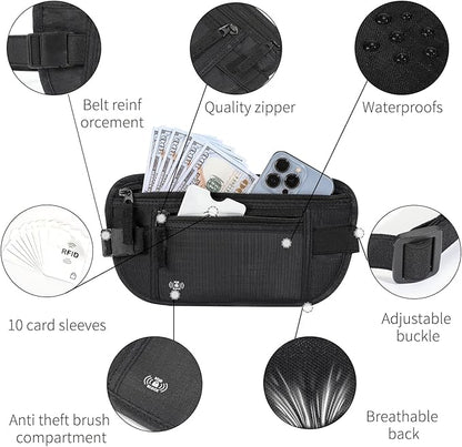 Money Belt for Travel Fanny Pack for Men Hidden Travel Pouch Fanny Pack for Women Hidden Rfid Passport Holder for Travel (Black)