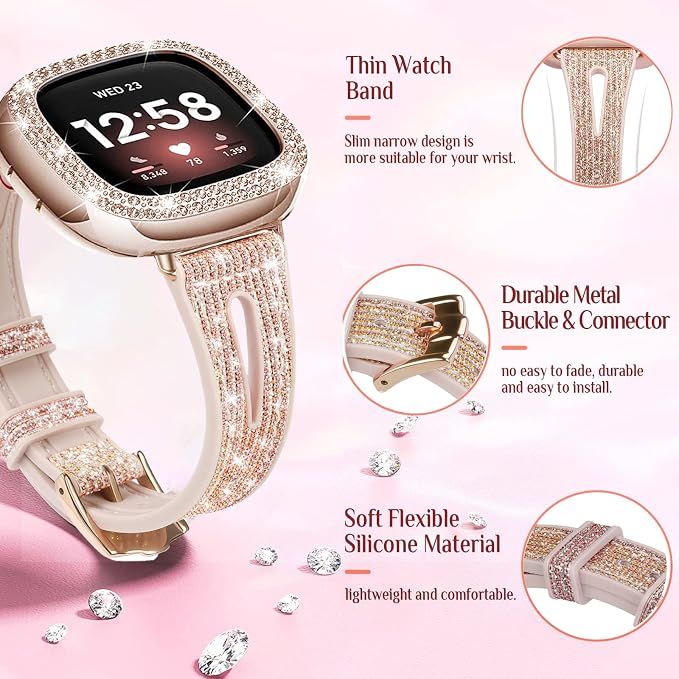 Bling Thin Band for Fitbit Sense/Fitbit Versa Bands for Women - Silicone Glitter Strap Accessories Compatible with Fitbit Sense 2/Versa 4 (Rose Gold)