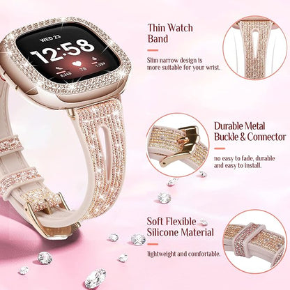 Bling Thin Band for Fitbit Sense/Fitbit Versa Bands for Women - Silicone Glitter Strap Accessories Compatible with Fitbit Sense 2/Versa 4 (Rose Gold)