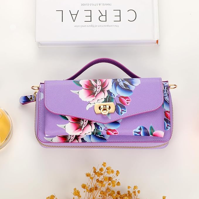 Crossbody Wallet Case for iPhone 16 Pro Max, Magnetic Detachable Floral PU Leather Phone Case with RFID Blocking Card Holder Wristlet Mirror Flip Zipper Shoulder Purse for Wome - Purple