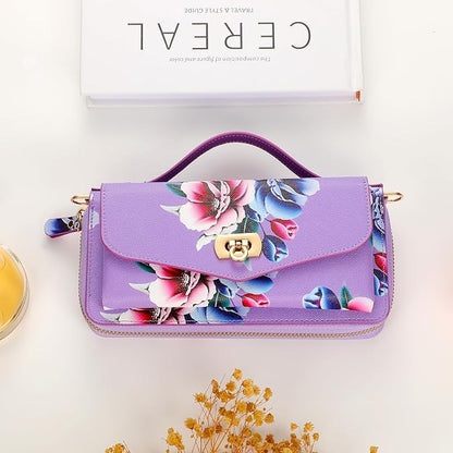 Crossbody Wallet Case for iPhone 16 Pro Max, Magnetic Detachable Floral PU Leather Phone Case with RFID Blocking Card Holder Wristlet Mirror Flip Zipper Shoulder Purse for Wome - Purple