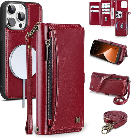 Wallet Case for iPhone 15 Pro with Card Holder/Crossbody Wallet/Strap| RFID Blocking | Magnetic | Kickstand | Detachable | PU Leather Phone Case for iPhone 15 Pro,6.1 in,Wine Red