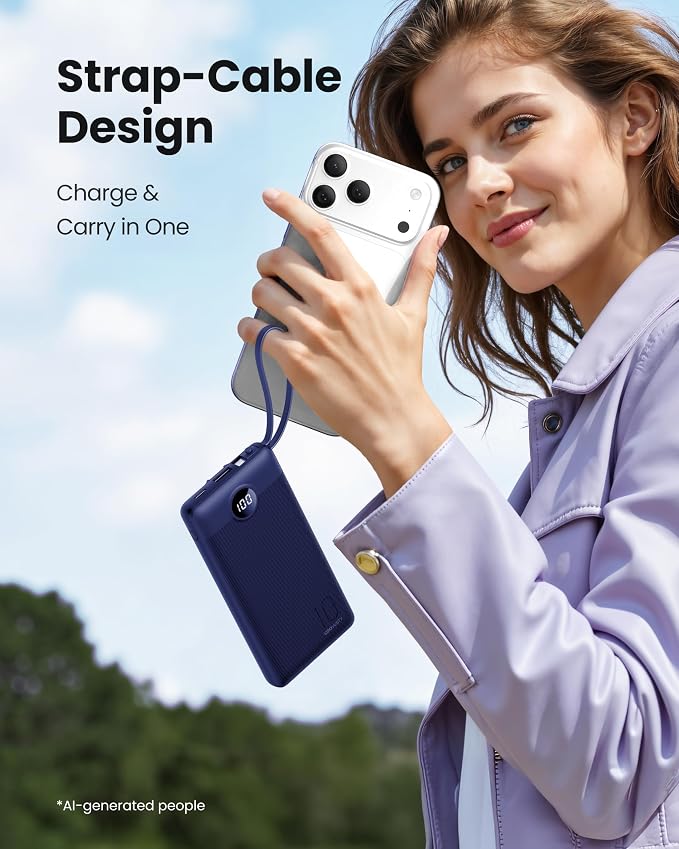 Portable Power Bank, Compact 10000mAh Portable Charger with 4 Cables, USB C Battery Pack 5 Outputs 2 Inputs LED Display Compatible with iPhone/Android & More (Navy Blue)
