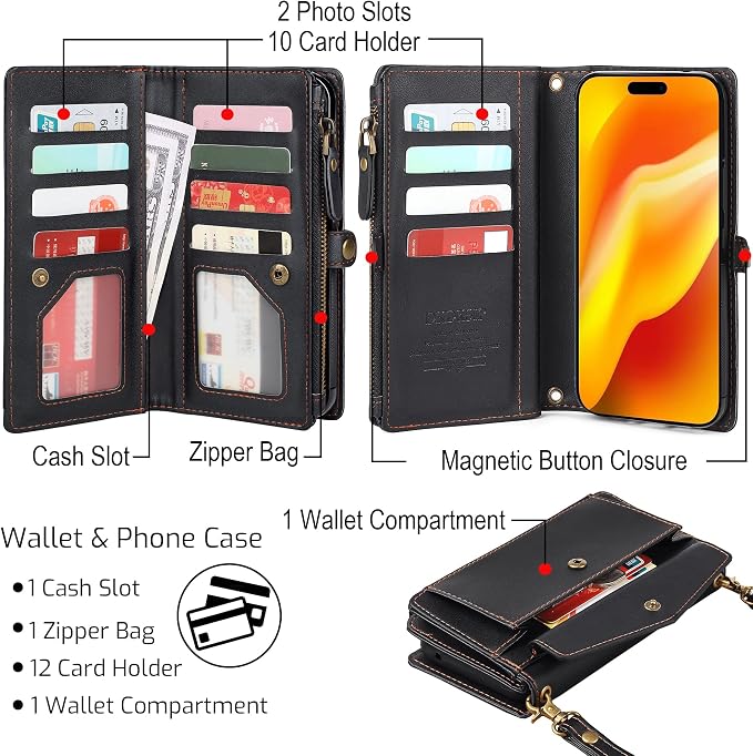 Compatible with iPhone 17 Pro 6.3" Wallet Case with RFID Blocking Card Holder for Women, PU Leather Flip Zipper Wallet Detachable Magnetic Phone Case Crossbody Strap, Black