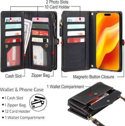 Compatible with iPhone 17 Pro 6.3" Wallet Case with RFID Blocking Card Holder for Women, PU Leather Flip Zipper Wallet Detachable Magnetic Phone Case Crossbody Strap, Black