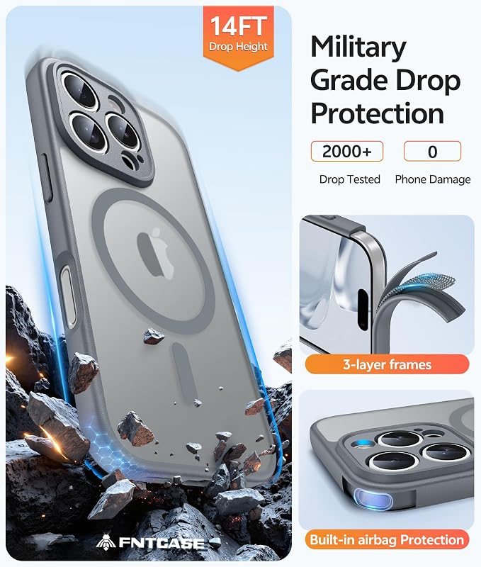 FNTCASE for iPhone 16 Pro Case: [Compatible with Magsafe] Translucent Matte Magnetic Phone Cover - Military Grade Drop Protection Shockproof Protective Cases - Gray
