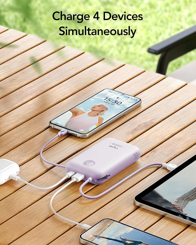 VIYISI Portable Charger 20000mAh 30W with Built-in Cables, Purple | LED Display, USB C&Lighting cables, Battery Pack for iPhone 17/16/15/14, Samsung, iPad and Android Phones, Travel