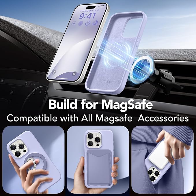 GONEZ for iPhone 15 Pro Max Case Silicone, Compatible with Magsafe, Camera Protector + Screen Protector, Soft Anti-Scratch Microfiber Lining, Liquid Silicone Shockproof Phone Cover, Lilac