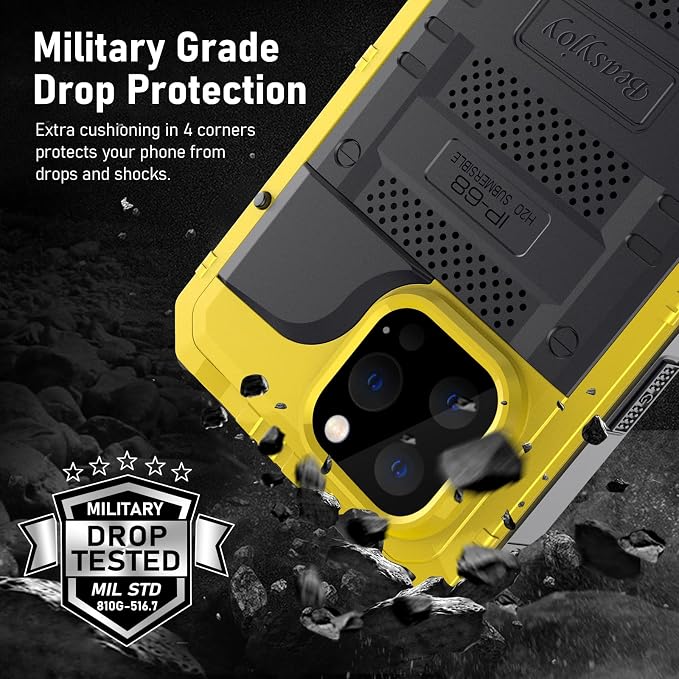 Beasyjoy Waterproof Case for iPhone 13 Pro, Full Body Protective Cover with Built-in Screen Protector, Heavy Duty Metal Rugged Shockproof Dustproof Defender Phone Case 6.1 Inch, Yellow