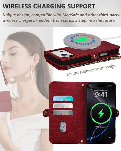 Crossbody Wallet Case for iPhone 17 Pro Max with Mirror, Wrist Strap, Zipper Purse Magnetic Flip, RFID Blocking Card Holder, Wireless Charging, PU Leather Shockproof 6.9" Women (Red)