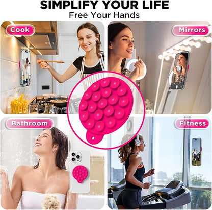 Magnetic Suction Cup Phone Mount, Compatible with MagSafe, Silicone Octo Cup Buddy Sticky Grip Holder for iPhone and Android, Removable Hands-Free Phone Stand Selfie/Video for TikTok, Neon Pink