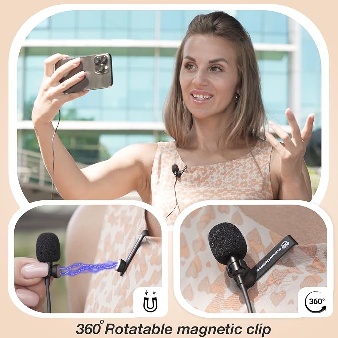 PowerDeWise Professional Grade Lavalier Clip On Microphone - Lav Mic for Camera Phone iPhone GoPro Video Recording ASMR - Small Noise Cancelling 3.5mm Tiny Shirt Microphone with Easy Clip On System