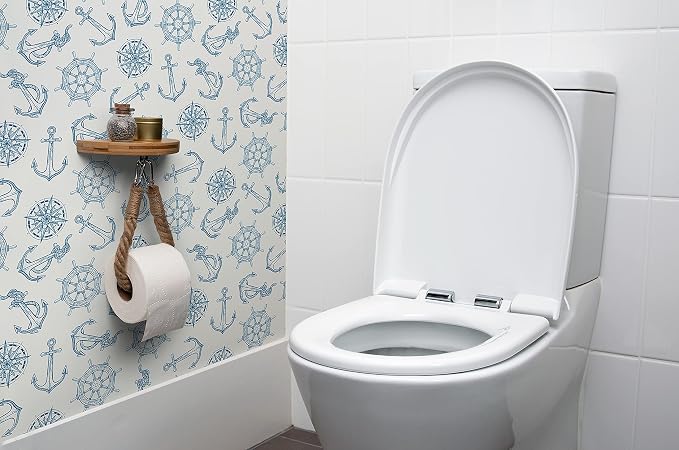Modern Hanging Wall Mount Natural Bamboo Toilet Paper Holder Rope with Convenience Shelf Tray for Toilet Paper, Phone, Plants, Decor, and Other Accessories