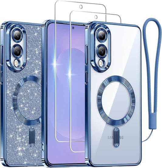 Meifigno Designed for Samsung Galaxy S25 Edge Case, [Compatible with MagSafe] [2X Screen Protectors] [Glitter Card & Wrist Strap] Surround Raised Lens Protection Slim Case for S25 Edge 6.7", Navy