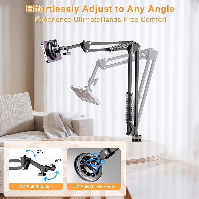 Gooseneck Bed Phone Holder for Magsafe iPhone Stand, Desk Magnetic Phone Arm Mount with Clamp, Adjustable Bedside Laying Down Tablet Mount Compatible with Kindle iPhone 15 14 13 12