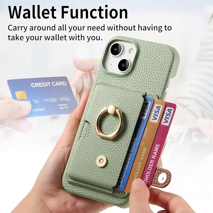 Wallet Case for iPhone 15/15 Pro/15 Plus/15 Pro Max, 360°Rotation Finger Ring Holder Kickstand, Leather Protective Shockproof Cover with Card Holder,15plus,Grey