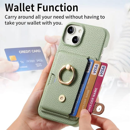 Wallet Case for iPhone 15/15 Pro/15 Plus/15 Pro Max, 360°Rotation Finger Ring Holder Kickstand, Leather Protective Shockproof Cover with Card Holder,15plus,Grey