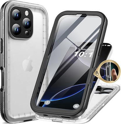 Cozycase for iPhone 16 Pro Case Waterproof - 360 Heavy Duty with Screen/Camera Protector Shockproof IP68 Underwater Dustproof Water Dust Shock Proof Full Body/Front and Back Case Black/Frosted Clear