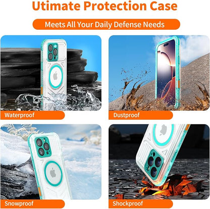for iPhone 16 Pro Max Waterproof Case Compatible with MagSafe, IP68 Underwater Case Built-in Screen Protector, Slim Translucent 360° Full Body Protection, 12FT Military Grade, 6.9 Inch (Cyan)