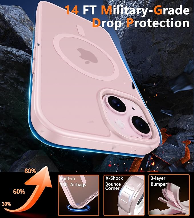 FNTCASE for iPhone 15 Case: for iPhone 14 Case & iPhone 13 Case [Compatible with Magsafe] Translucent Matte Magnetic Phone Cover - Military Grade Drop Protection Shockproof Protective Cases - Pink