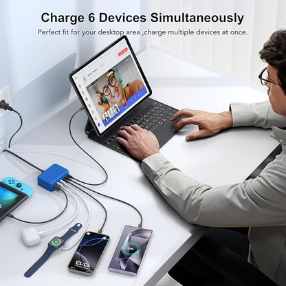 [2026 Updated] USB C Fast Charger, 100W GaN 6 Port Type C Charging Station Hub Block Cube, USB C Wall Charger Power Strip Adapter Plug for iPad iPhone 17 16 15 14 Pro Max Pixel Note Galaxy, 5ft Cord