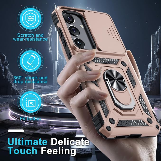 Janmitta Compatible with Samsung Galaxy S25 Plus/S24 Plus Case Built in Slide Camera Lens Cover+Screen Protector+Finger Ring Holder Kickstand,Heavy Duty Shockproof Full Body Phone Cover,Rose Gold
